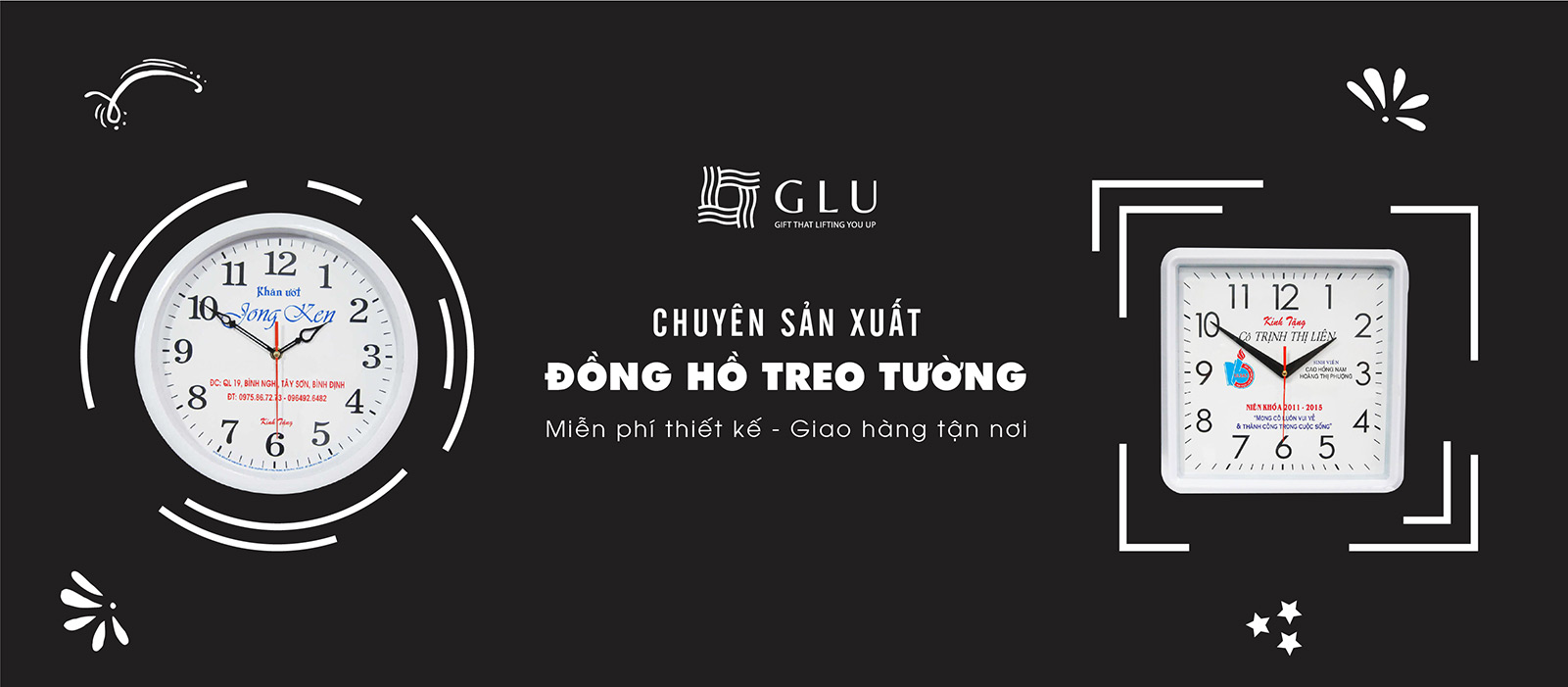 xưởng sản xuất đồng hồ treo tường quảng cáo glu 5
